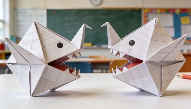 Playful origami shark puppets facing each other on classroom desk with red mouths