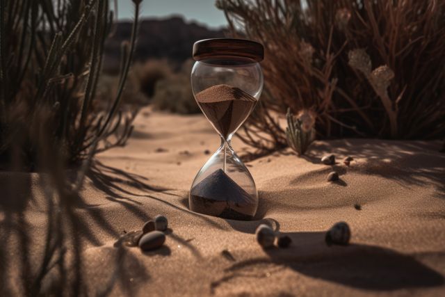 Close up of hourglass on sand in desert with sunlight, created using generative ai technology. Waiting, aging, lifespan and time concept, digitally generated image.