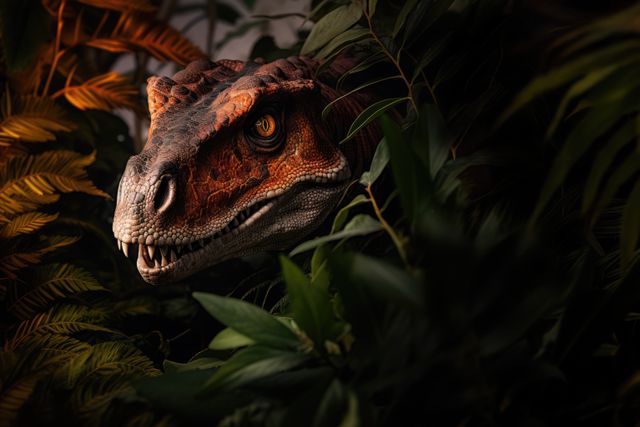 Realistic dinosaur camouflaging within lush green and yellow foliage. Ideal for use in entertainment industry promos, educational materials on prehistory, or wildlife themed campaigns.