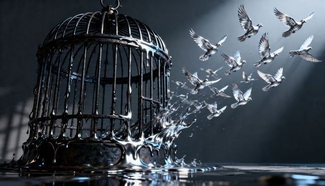 Rusted birdcage melting into liquid metal doves flying through spotlight toward freedom