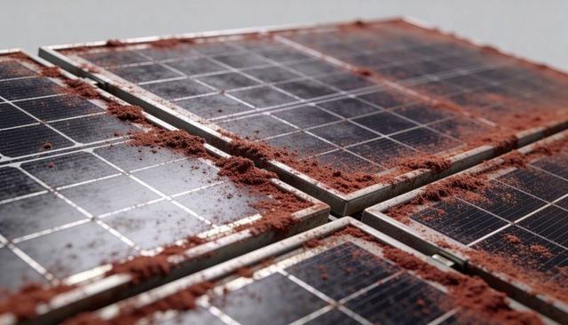 Close-up dusty solar panels revealing red soil on photovoltaic cells with metallic grid reflections