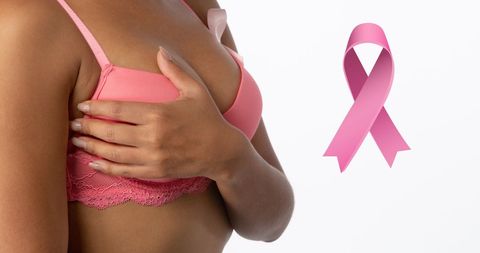 Breast Cancer Awareness Concept with Pink Ribbon and Biracial Woman