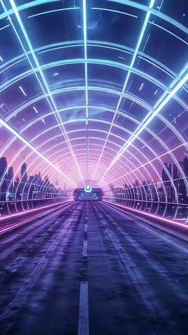 Gliding through neon tunnel toward glowing exit light, futuristic cyberpunk vertical video