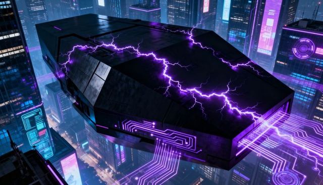 Cyberpunk hovercraft emitting purple energy arcs and circuitry over neon city skyline