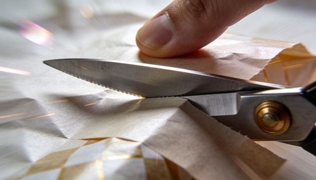 Cutting gold-print wrapping paper with metal scissors and finger guide