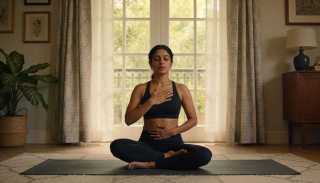 Indian woman practicing mindful breathing during seated yoga in bright living room