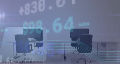 Modern Office with Financial Data Overlay