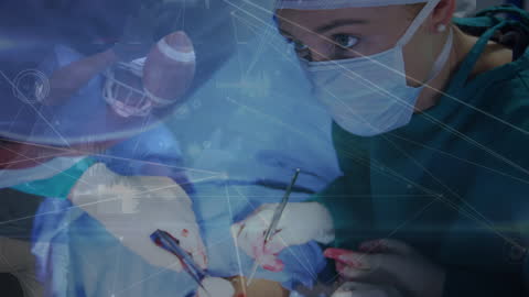 Female Surgeon in Operating Room with Digital Networks Overlay