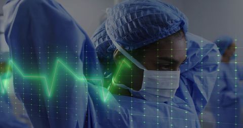 Medical professional preparing for surgery with heartbeat graph overlay