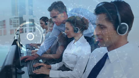 Diverse Team in Customer Support Office with Digital Data Overlay