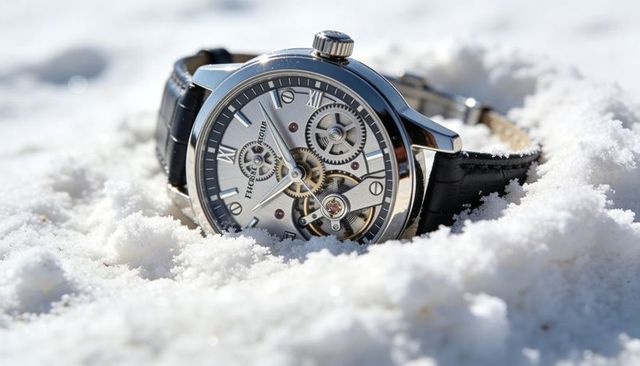 Polished mechanical skeleton wristwatch with exposed gears and balance wheel in snow