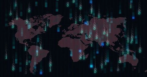World Map with Digital Binary Code Overlay