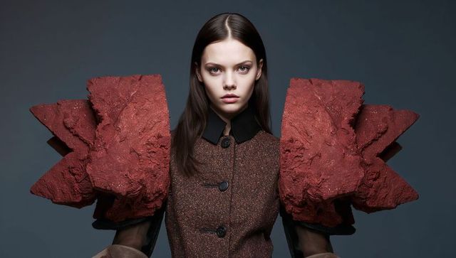 Avant-garde sculptural shoulders fashion portrait featuring red rock textured outerwear