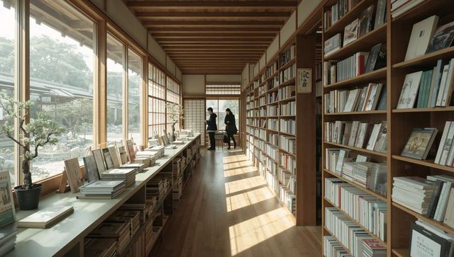 Minimalist japanese bookstore with shoji windows and wooden shelves, adults browsing books