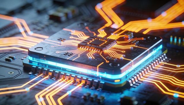 Stacked CPU module glowing with neon orange traces on high-tech PCB