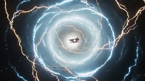 Spacecraft entering electric vortex portal with lightning-ring transit and glowing thrusters