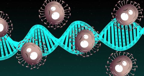 Futuristic dna strand with cartoon viruses in digital space