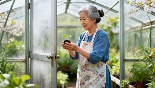Senior asian gardener holding seedling in sunlit glass greenhouse