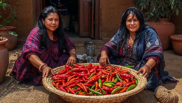 Women sorting red and green chilies in sunlit courtyard with woven basket
