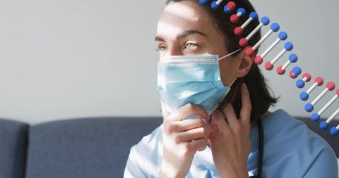 Adjusting nurse wearing mask and stethoscope, touching face in sunlit space with dna helix