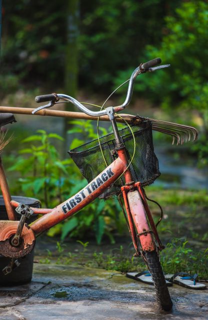 Vintage bicycle with a basket in an outdoor garden environment featuring greenery and rustic elements. Suitable for concepts related to nostalgia, sustainability, leisure, and antique modes of transportation.