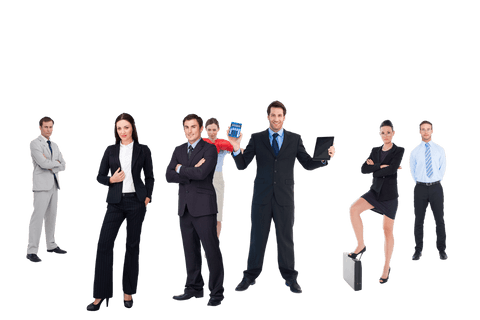 Business team in varied poses on transparent background