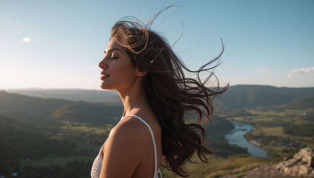 Woman standing on cliff with windblown hair overlooking winding river valley at sunset