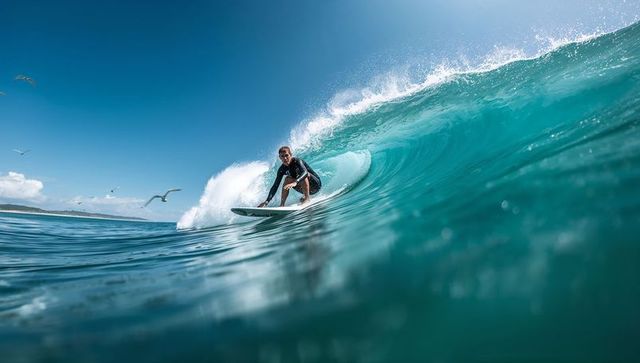Surfer navigating turquoise wave barrel in ocean with seagulls