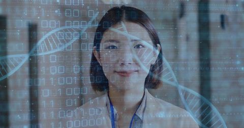 Smiling chinese scientist presenting dna helix and binary data overlay for genomics