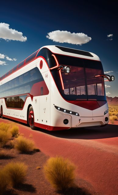 Futuristic electric bus driving along a desert road under a clear blue sky with white clouds. Bright, modern design of the bus suggests advanced technology and eco-friendly transportation. Ideal for use in promoting renewable energy, sustainable travel, and innovative transportation solutions. Perfect for futuristic and technological content related to transportation and environmental conservation.
