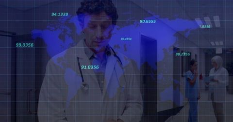 Doctor analyzing charts with global data overlay in hospital corridor