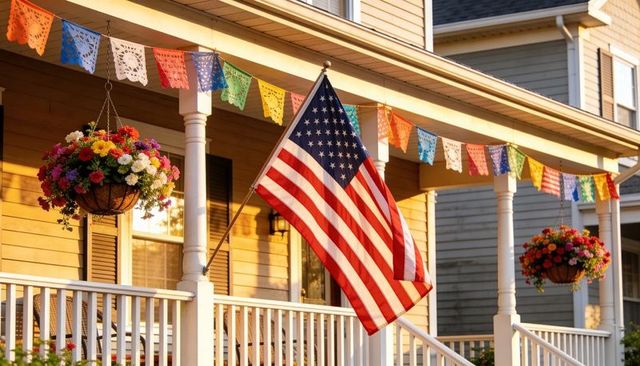 Sunlit american flag waving on front porch with colorful papel picado banners and blooms