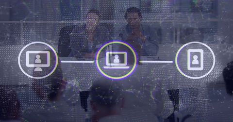 Network overlay connecting laptop mobile icons over boardroom presenting collaboration