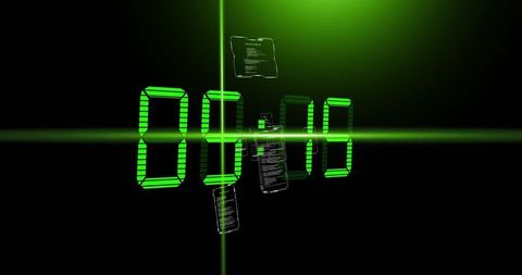 Glowing green holographic countdown display with neon cross beams and floating data panels