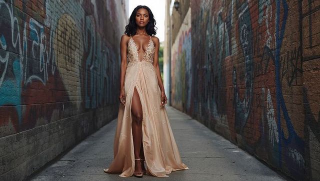 Elegant Woman in Champagne Evening Gown Amidst Urban Graffiti Alleyway