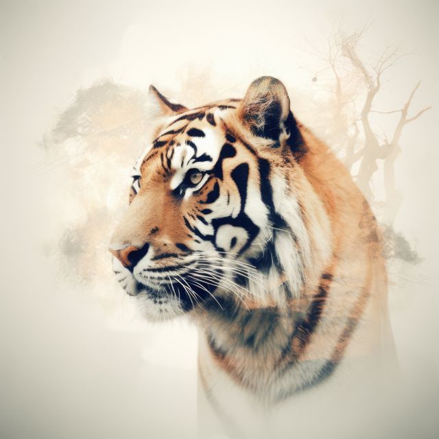 Double exposure with tiger and trees, created using generative ai technology. Double exposure, animal, wildlife and nature concept digitally generated image.