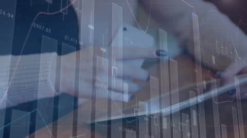 Woman Using Digital Tablet with Financial Data Overlay