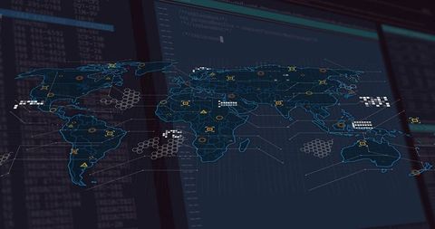 Futuristic world map interface with security alerts and data streams
