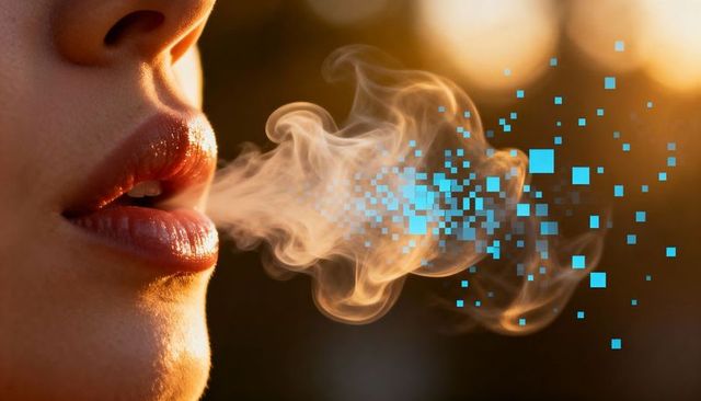 Close-up Glossy Lips Exhaling Vapor with Blue Pixel Dispersion at Golden Hour