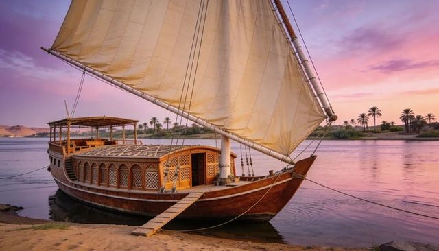 Traditional wooden felucca floating at pastel sunset along palm-lined riverbank