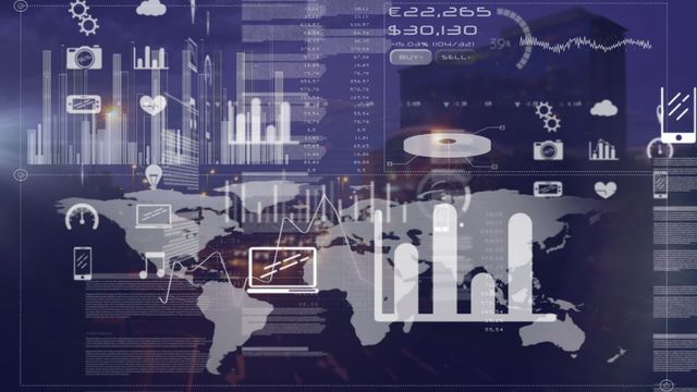 Visual representation of global data analytics with a combination of statistical diagrams and a world map. Ideal for illustrating concepts related to global finance, technology, business analysis, digital transformation, and data processing. Great for presentations, reports, articles, and websites focusing on global data trends, economics, and technological advancements.