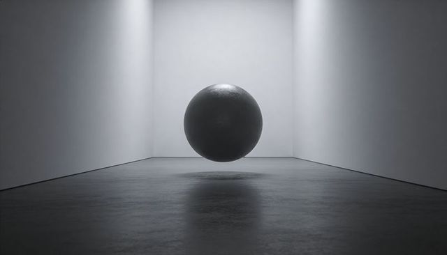 Floating dark sphere in minimalist monochrome gallery with concrete floor