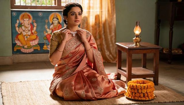 Indian woman adjusting necklace in silk saree beside devotional panel and marigolds