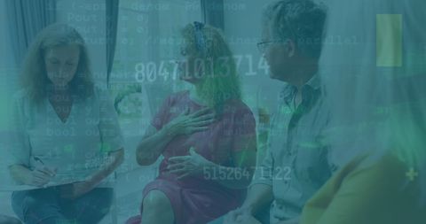 Diverse group support meeting with overlay of numbers and codes