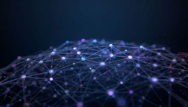 Connecting glowing network nodes forming futuristic digital mesh on dark background