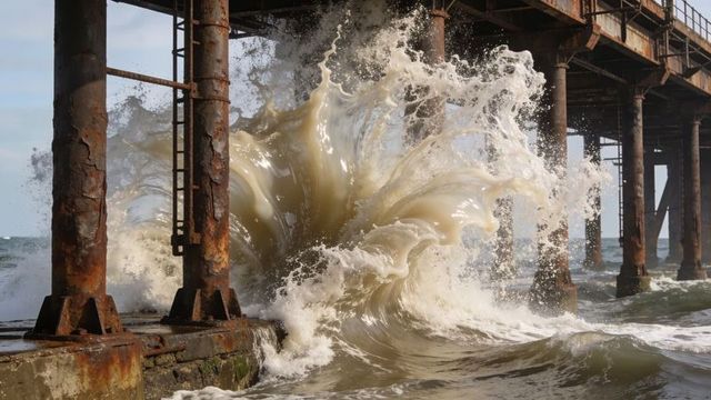 Explosive wave crashing against rusted pier columns, towering spray and foam