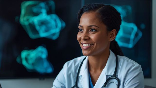 Smiling african american doctor wearing lab coat and stethoscope consulting in clinic