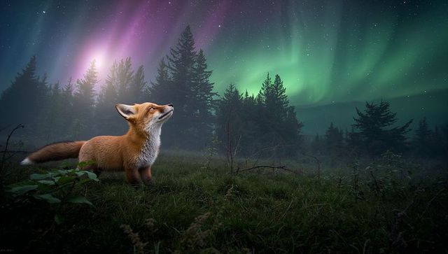 Red fox gazing at northern lights over misty pine forest nightscape