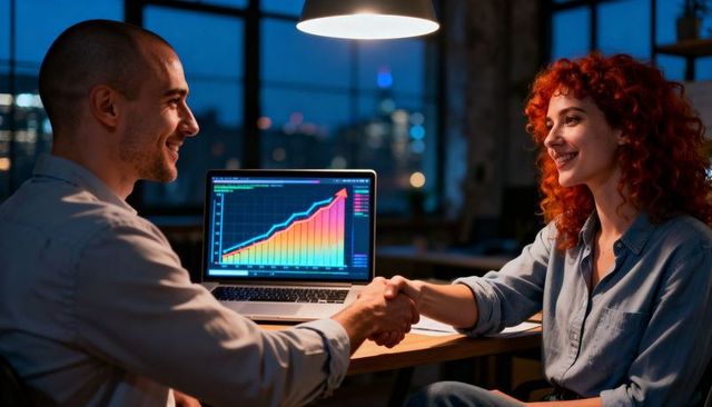Two professionals shaking hands over laptop displaying rising sales chart in night office