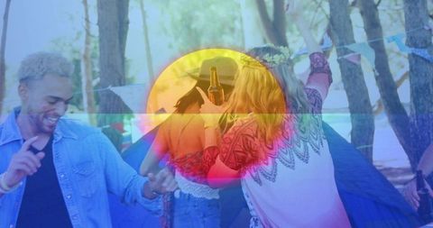 Friends dancing at forest camping festival with tent, bunting and colorful light overlay